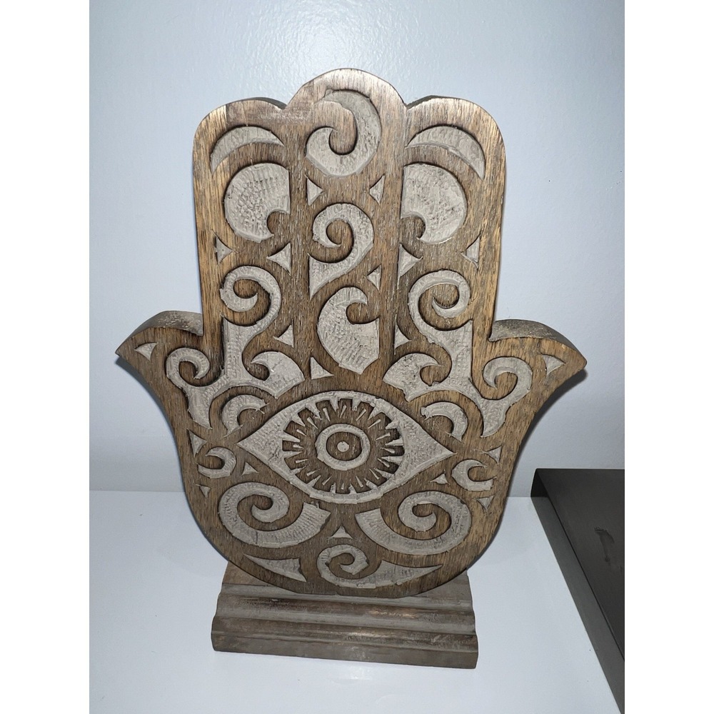 (…2)wooden Hamsa hand sculpture, also known as the Hand of‎ Fatima